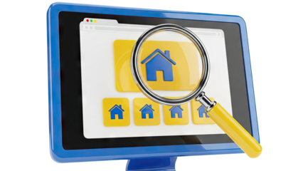 Computer screen with magnifying glass over house icons
