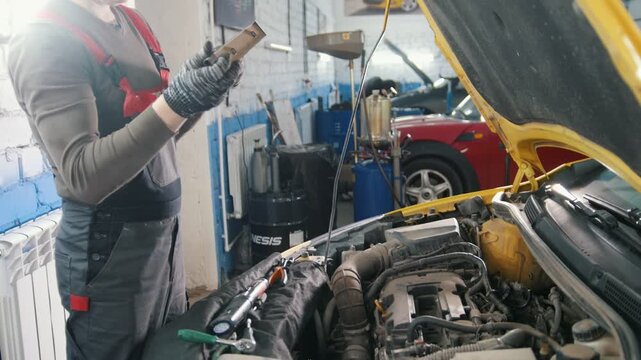 Mechanic in car repairing service - diagnostics in engine compartment