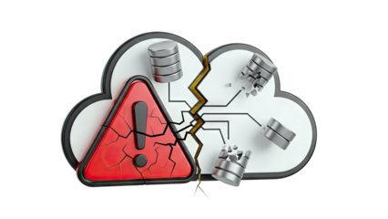 Cracked Cloud with Warning Symbol and Broken Database Disks