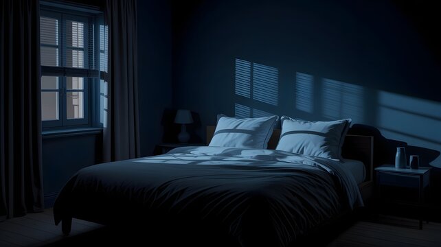 Cozy dark bedroom with a bed and window at night