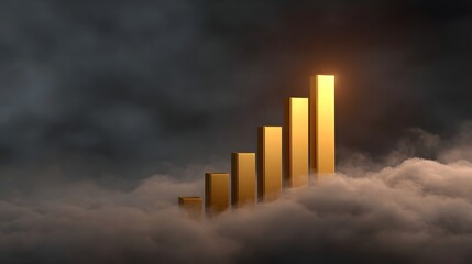 Golden bar chart symbolizing upward growth and success emerging from clouds with a bright highlight