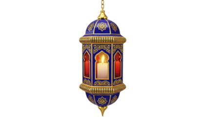 Elegant blue and gold hanging lantern with intricate designs and lit interior on transparent background for home decor