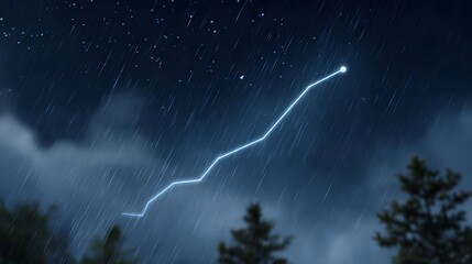 A luminous blue graph charting upward progress against a backdrop of a starry rainy night sky with silhouetted trees