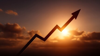 A strong upward trend arrow silhouetted against a vibrant sunset sky symbolizing growth and success