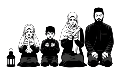 Illustration of a muslim family in prayer with a lantern on transparent background isolated on transparent background