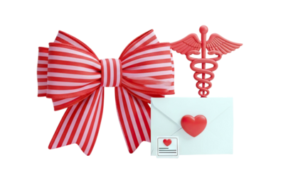 Red and pink striped bow with medical symbol and heart envelope