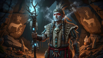 tribal chief in a cave in ancient times