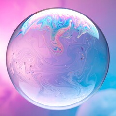 Iridescent soap bubble floats with swirling, rainbow colors against a pastel pink and blue gradient background