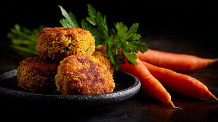 Healthy vegetable grain patties served with fresh whole carrots on a dark plate, rustic style.
