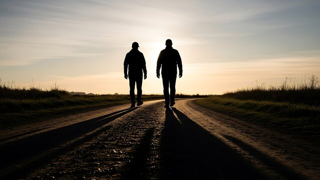 Two Men Walking on a Dirt Road at Sunset, Silhouette, Companionship