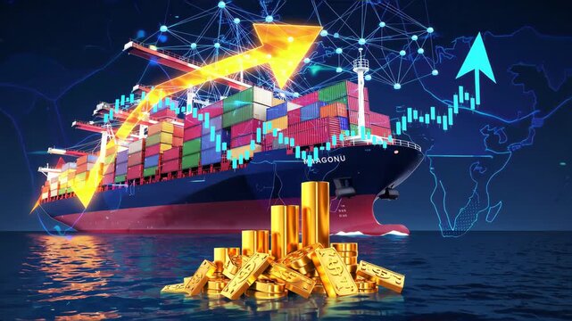 digital illustration of global trade and economy, container cargo ship loaded with colorful containers, pile of gold bars and gold coins with dollar symbol in the foreground