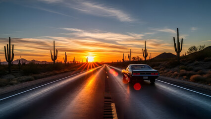 pickup truck driving at dusk in the desert