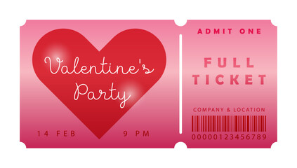 Pink and red Valentine's Day party ticket template with heart. Design layout for invitations, parties, clubs, bars, or romantic celebrations. Hand drawn vector illustration.