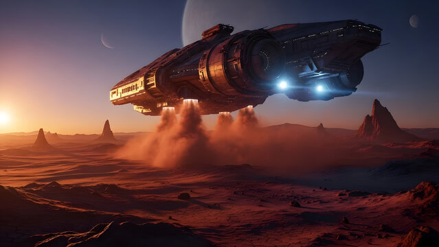 The magnificent spaceship landed in a desert