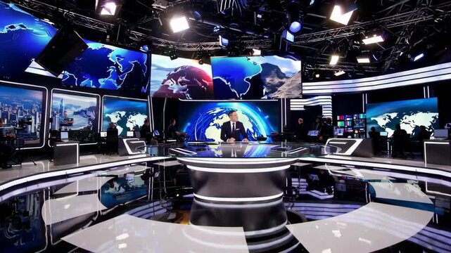 High-angle shot of a modern news studio with global maps on screens, capturing a dynamic video broadcast environment with sleek design.