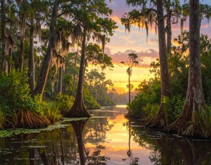 Obraz premium Serene sunset at the swamp river with reflective water and cypress trees