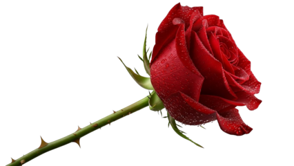 Single red rose with water droplets on white background romantic floral symbol for valentline love beauty branding and elegant editorial visuals png