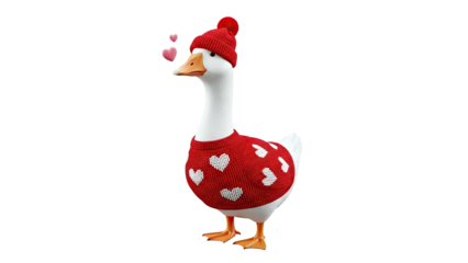 Goose wearing a red heart sweater and beanie with hearts flying