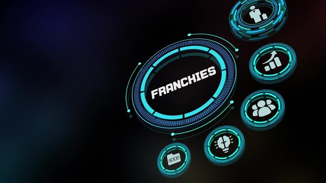 Futuristic HUD interface highlighting franchise business models with glowing digital rings representing expansion, branding and structured corporate operations.