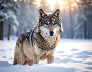 Obraz premium A majestic wolf stands in a snow-covered landscape, bathed in the soft glow of the sun, gazing directly forward