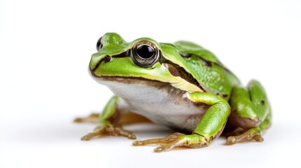 Obraz premium Close-Up of Vibrant Green Frog on White Background in Natural Habitat