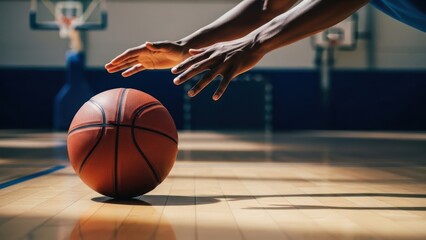Naklejka premium A basketball on a court with hands reaching to touch the ball