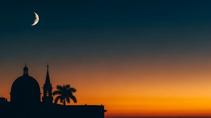 Obraz premium Crescent moon at dusk over historic architecture