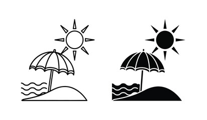 Black and white beach icons with umbrellas and sun symbols © ARSM D