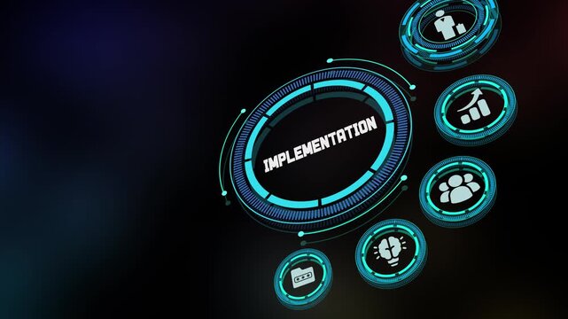 Business Strategy Implementation Concept with Project Management Icons, Technology Integration, and Professional Operational Success Plan.