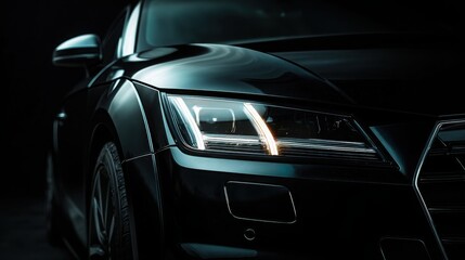 Obraz premium Close-up of modern car headlight glowing in a dark studio, emphasizing design and technology.