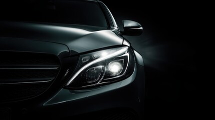 Obraz premium Close-up of modern car headlight glowing in a dark studio, emphasizing design and technology.