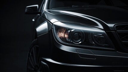 Fototapeta premium Close-up of modern car headlight glowing in a dark studio, emphasizing design and technology.