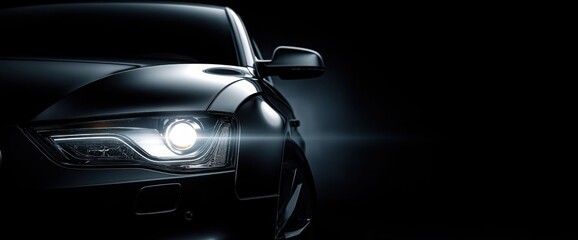 Close-up of modern car headlight glowing in a dark studio, emphasizing design and technology.