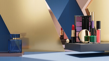 Modern makeup display featuring colorful cosmetics and perfume bottle  