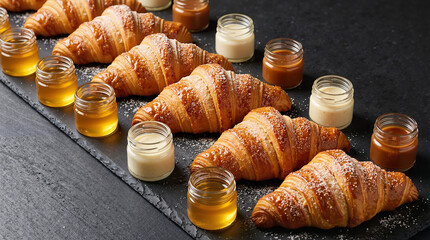 Croissants with honey and cream in jars on dark serving board  