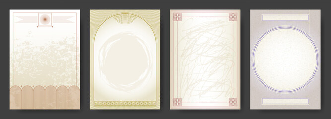 Vintage vertical templates with elegant art deco borders and textures. Designs for wedding invitations, menus or certificates. Vector illustration set. Copy space.