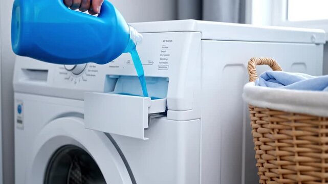A close-up video clip of a hand pouring blue liquid laundry detergent from a bottle into the drawer of a white washing machine. A wicker laundry basket filled with clothes is placed next to the applia