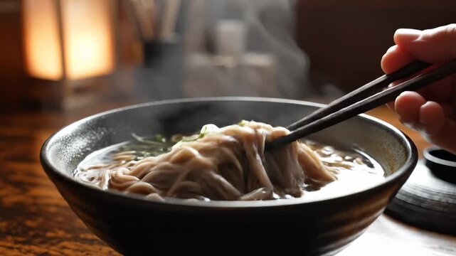Eating Japanese Soba Noodles With Chopsticks in Restaurant