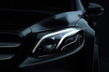 Fototapeta premium Close-up of modern car headlight glowing in a dark studio, emphasizing design and technology.