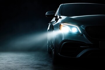 Close-up of modern car headlight glowing in a dark studio, emphasizing design and technology.