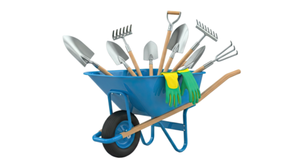 Blue Wheelbarrow Filled with Gardening Tools and Gloves