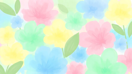 Soft Pastel Watercolor Flowers and Green Leaves Abstract Background