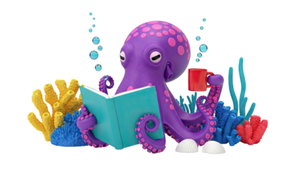 Cartoon Octopus Reading a Book and Drinking Coffee