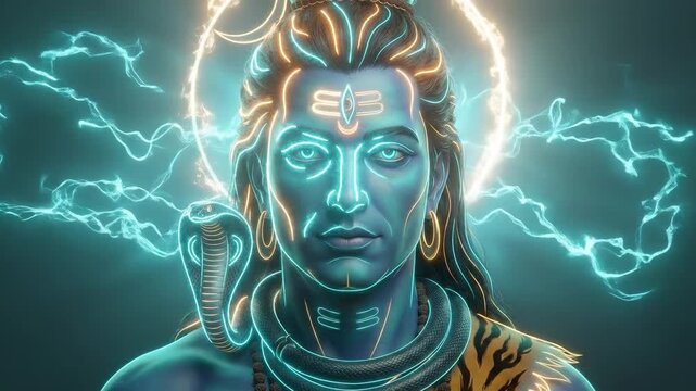 Lord shiva manifesting divine power in an intense electric blue neon digital illustration, featuring a glowing cobra and third eye.