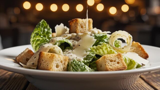 Pouring Creamy Dressing Over Caesar Salad With Croutons and Parmesan