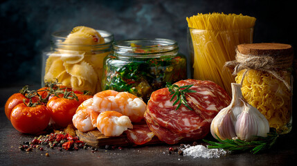 Fresh Italian Ingredients with Shrimp Salami Tomatoes and Various Pasta.