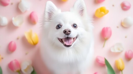 チューリップの花びらに囲まれて微笑む白い犬
