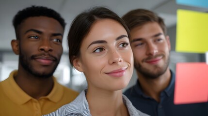 A diverse team collaborates brainstorming ideas using colorful sticky notes on a glass wall