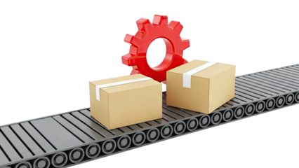 Cardboard boxes on a conveyor belt with a red gear