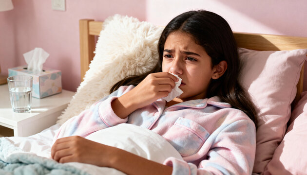 Hispanic teenage girl lying in bed, looking unwell while holding a tissue, surrounded by cozy blankets and a glass of water, conveying a sense of illness and comfort